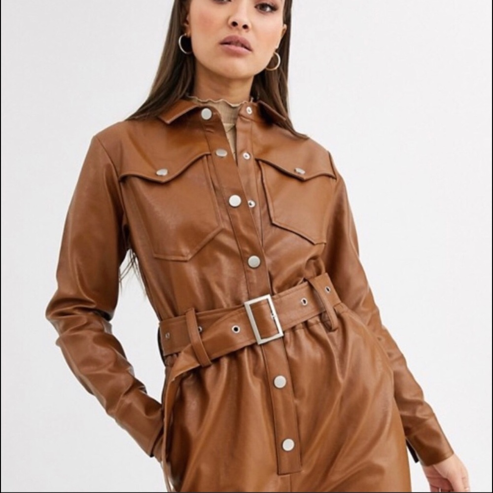 NWOT gorgeous camel color Faux Leather jumpsuit SZ M